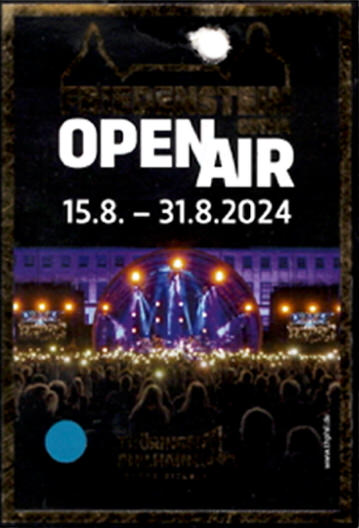 Poster for an open-air event with a crowd and stage lit by purple and yellow lights, dated 15.8. to 31.8.2024.