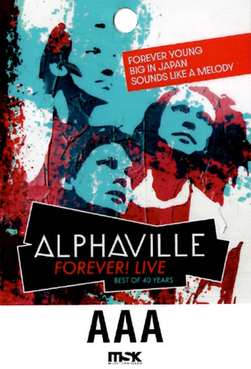 Alphaville Forever! Live album cover featuring stylized portraits of band members with titles FOREVER YOUNG, BIG IN JAPAN, SOUNDS LIKE A MELODY.