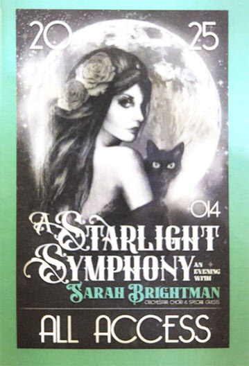 Poster featuring a woman with long hair and flowers, holding a black cat in front of a full moon with text about Sarah Brightman's 2025 Starlight Symphony tour and all access pass.