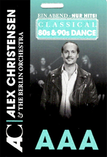 Event pass for Alex Christensen & The Berlin Orchestra featuring classical 80s and 90s dance hits with a portrait of a man in a leather jacket on a blue-green background.