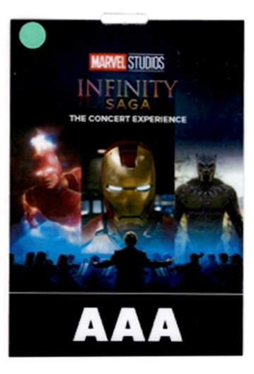 Marvel Studios Infinity Saga The Concert Experience pass featuring Iron Man, Captain Marvel, Black Panther, and a conductor silhouette.