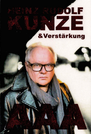 Portrait of a serious elderly man with glasses wearing a leather jacket and scarf with text 'Heinz Rudolf Kunze & Verstärkung' above him.
